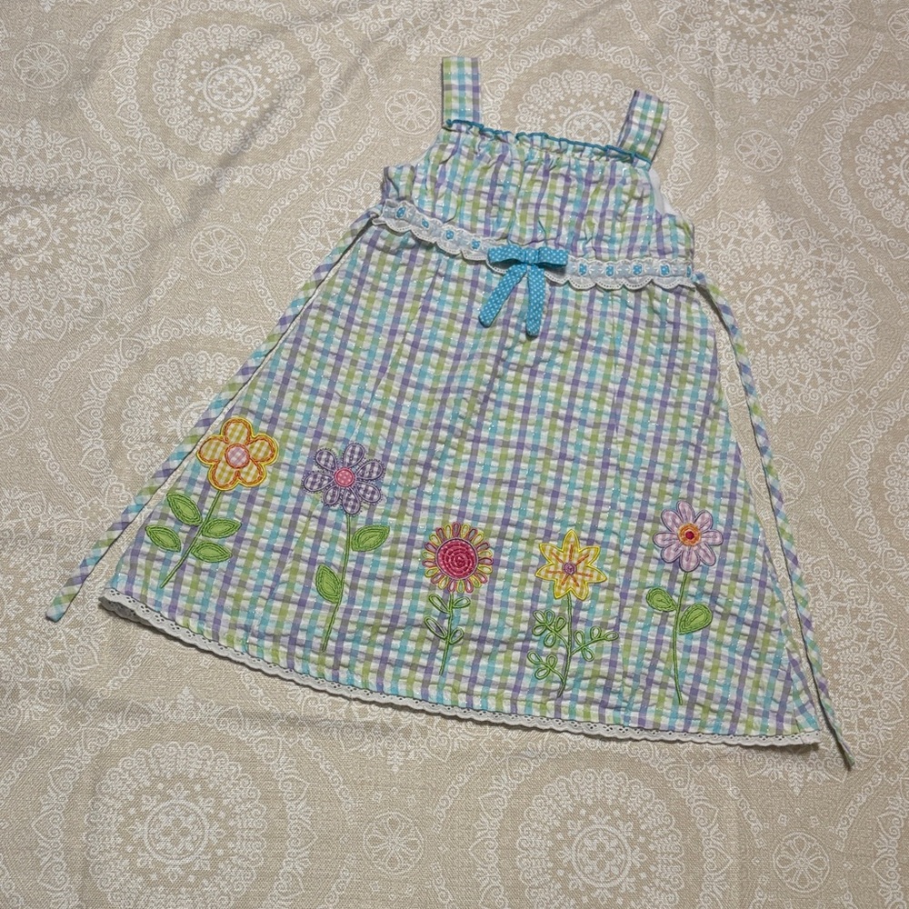 VINTAGE Youngland Plaid Dress with Floral Embroidery and Blue Bow